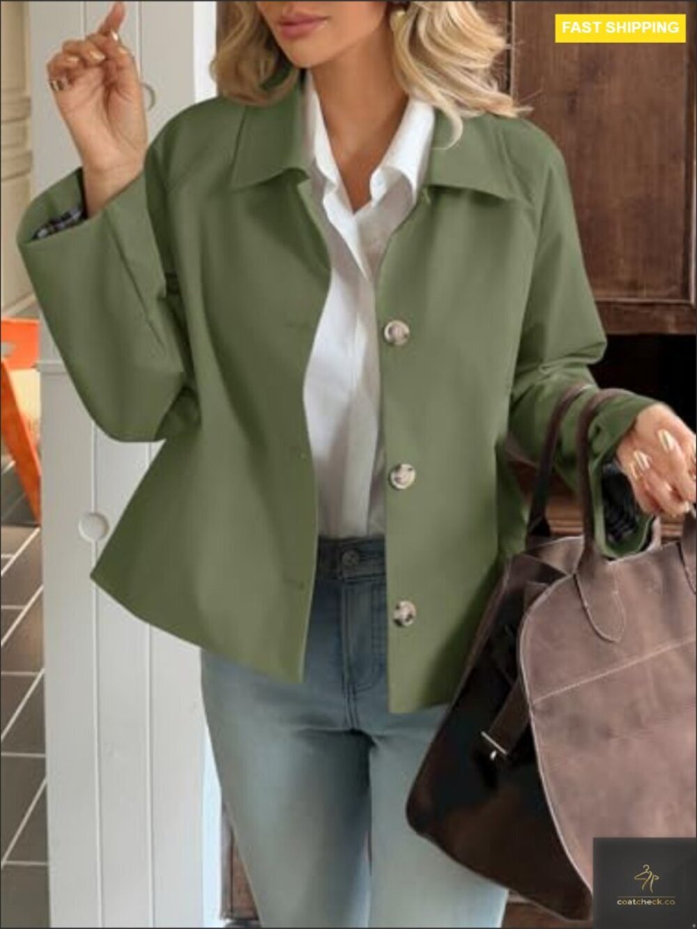 Cropped Trench Coat Lightweight Windbreaker Fall Jacket Single Breasted Plaid - Picture 4 of 7